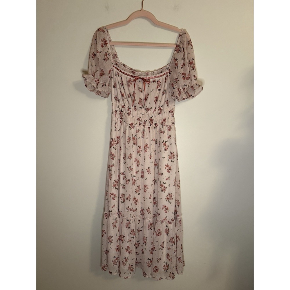 Francesca's Pink Ditsy Floral Puff Sleeve Milkmaid Cottagecore Midi Dress